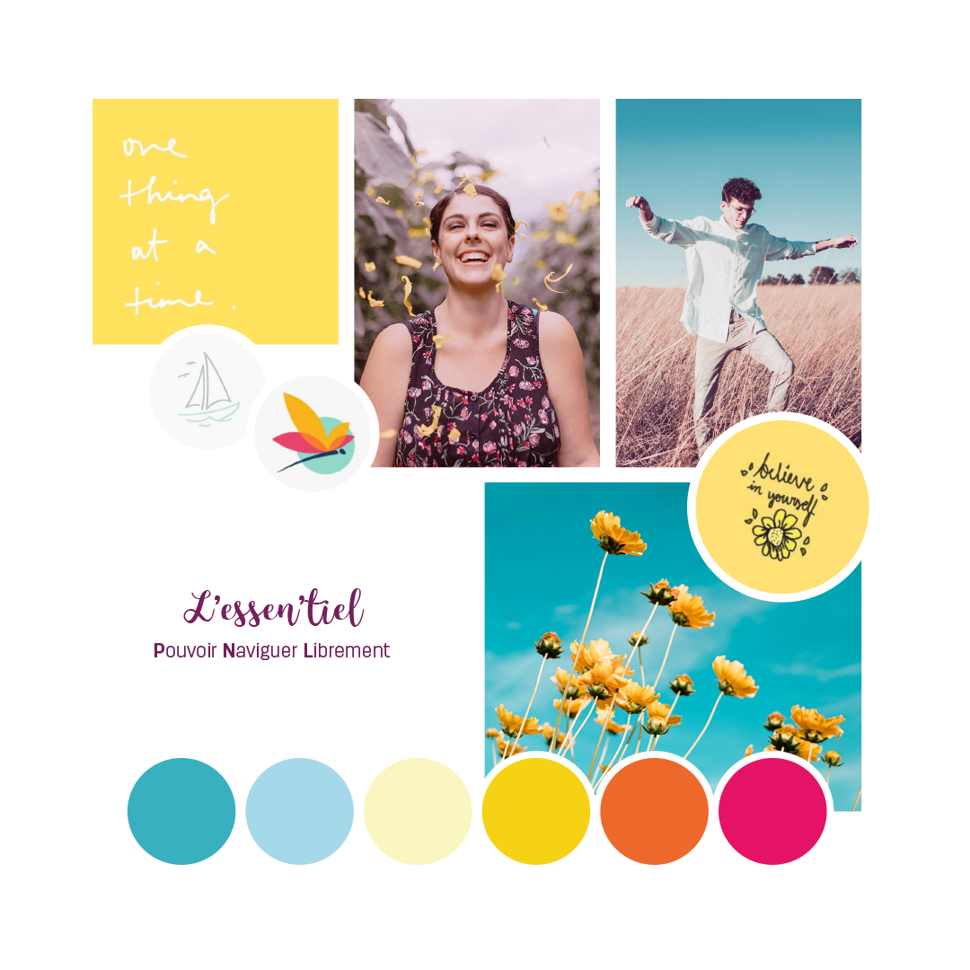 Choix de couleurs vives et d'images pleines de joie pour l'identité visuelle de L'Essen'tiel