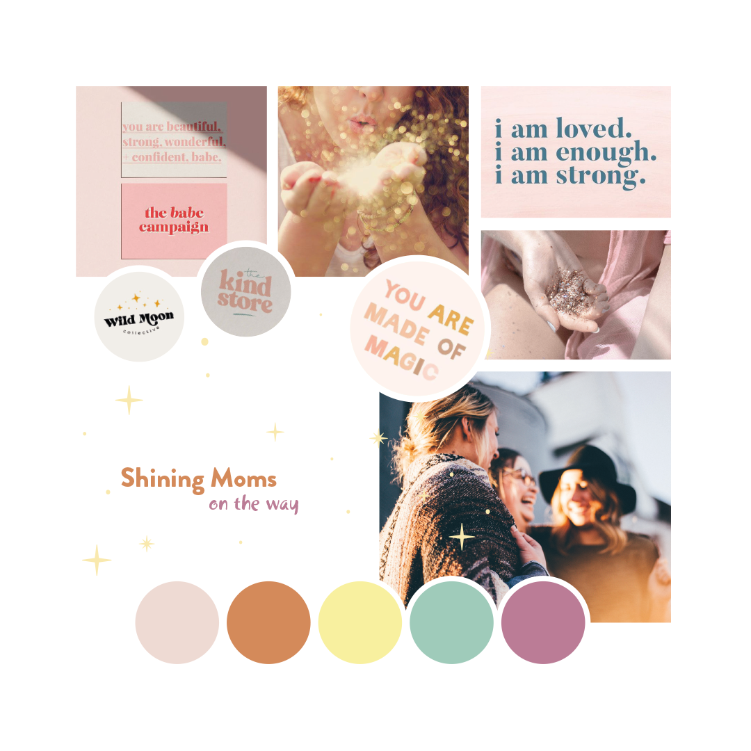 Choix de couleurs dans les tons chaud et images féministes et joyeuses pour le projet d'identité visuelle de Shining Moms on the way